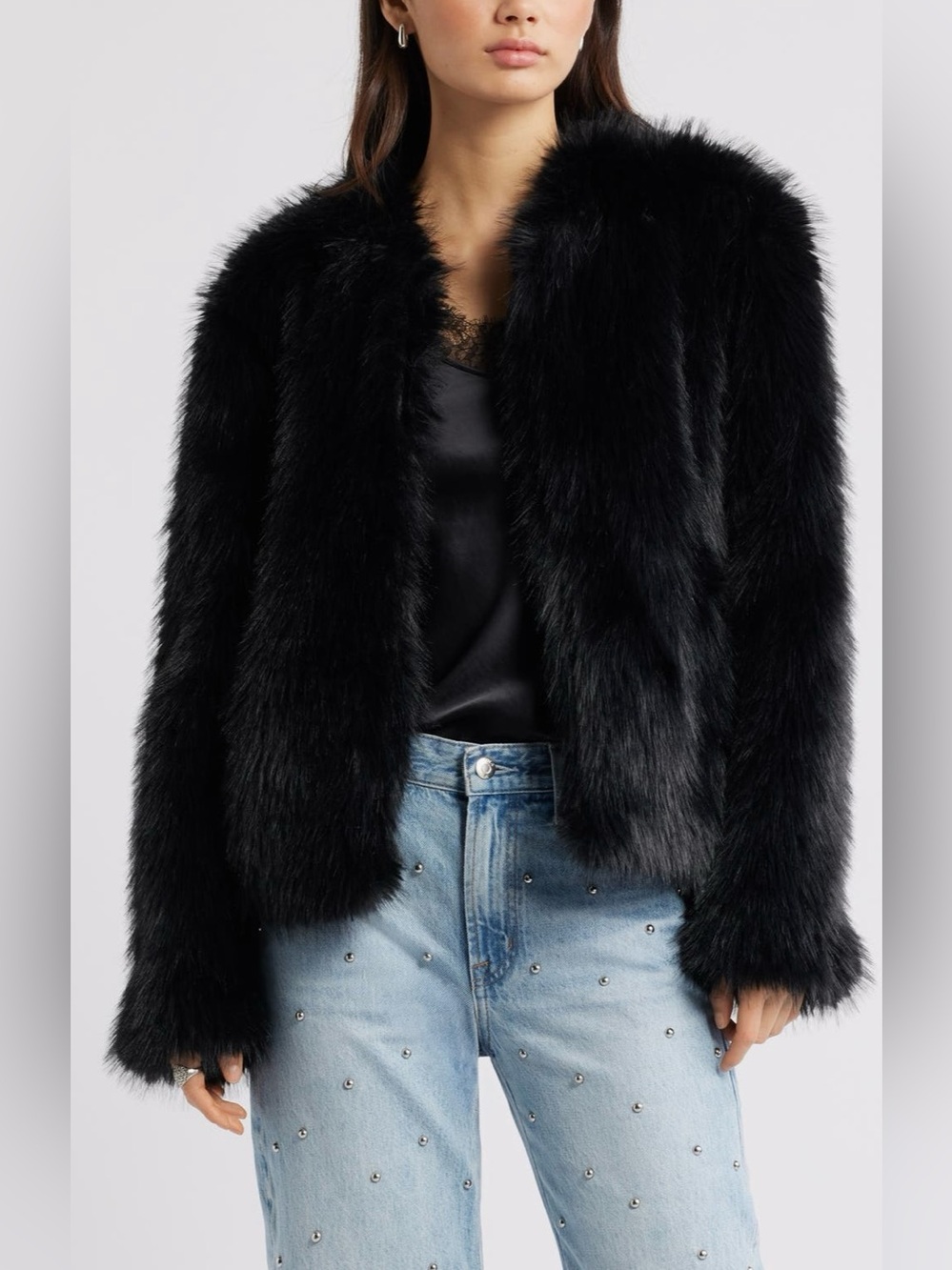 Open Edit Faux Fur Jacket in Black